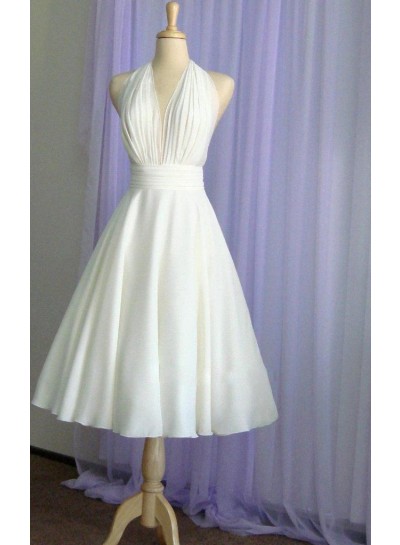 2023 Wedding Dresses Princess A-Line Chiffon Halter Backless Tea Length Short Bridal Gowns