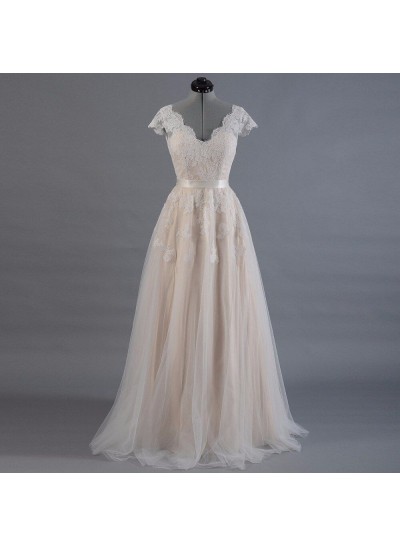 2024 Princess A-Line Wedding Dresses New Arrival Capped Sleeves Champagne Tulle Belt Bridal Gowns