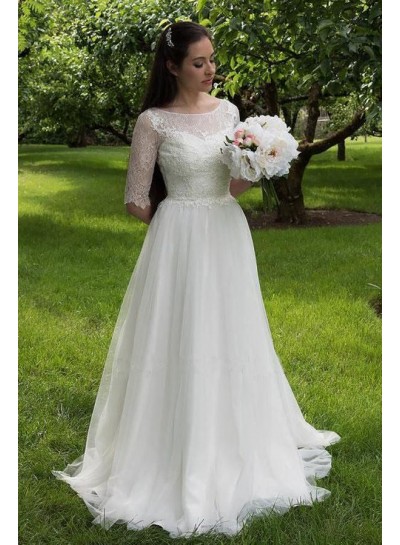 2024 Wedding Dresses Princess A-Line Chiffon Half Sleeves Sweetheart Bateau Lace Bridal Gowns