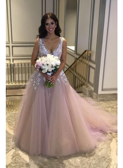 2024 Princess A-Line Wedding Dresses New Arrival Dusty Rose V-Neck Tulle Bridal Gowns With Appliques 