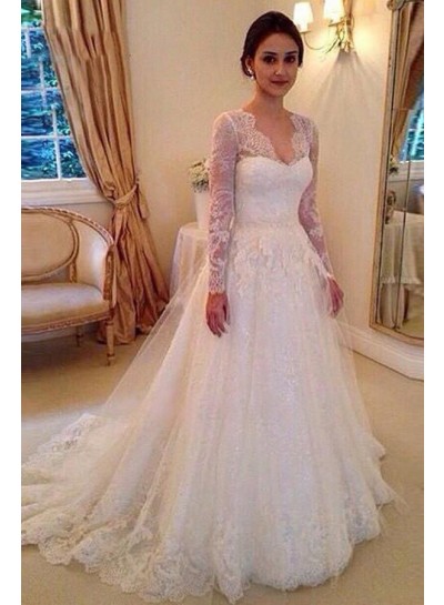 2024 Elegant Wedding Dresses Princess A-Line Long Sleeves Sweetheart Lace Long Bridal Gowns