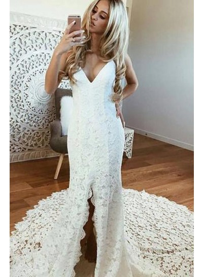 2023 Sheath Column Wedding Dresses Side Slit V-Neck Backless Lace Beach Bridal Gowns