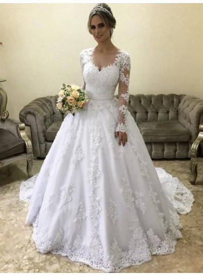 2024 Hot Sale Wedding Dresses Long Sleeves See Through Tulle Appliques Ball Gown