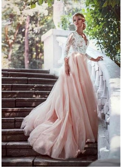 2024 Wedding Dresses Alluring A-Line Tulle Pink V-Neck Long Sleeves Lace Hot Sale