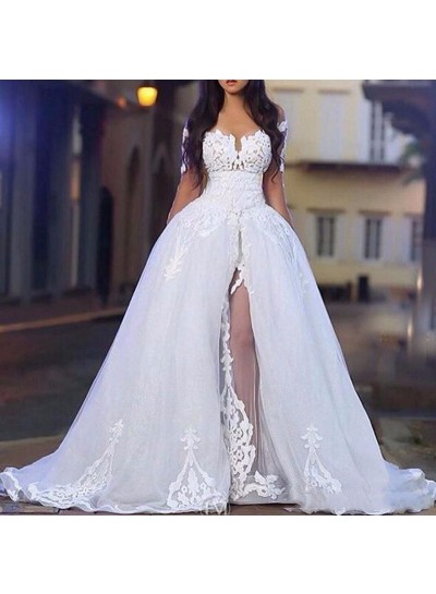 2024 Hot Sale Wedding Dresses White Long Sleeves Off Shoulder Side Slit Tulle With Appliques