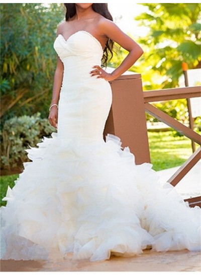 2024 Hot Sale Wedding Dresses Mermaid Sweetheart Ruffles White Tulle Sweetheart Long