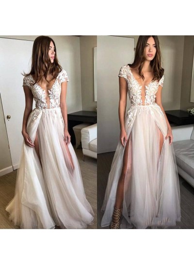 2024 Hot Sale Wedding Dresses A-Line Side Slit Tulle Capped Sleeves Open Front Lace Beach