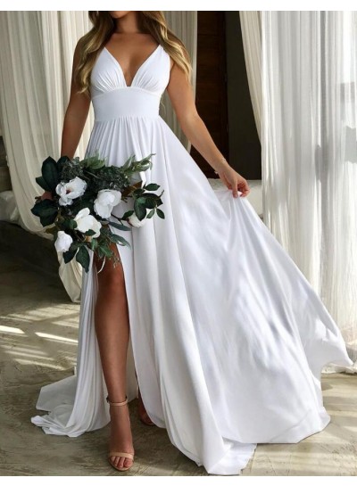 2024 Hot Sale Wedding Dresses A-Line White Empire Waist Sweetheart Side Slit Beach
