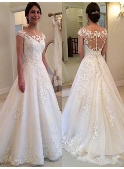 2023 New Arrival Wedding Dresses A-Line Hot Sale Capped Sleeves Bateau Lace