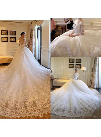2024 Hot Sale Wedding Dresses A-Line Long Sleeves Off Shoulder Long Train Lace