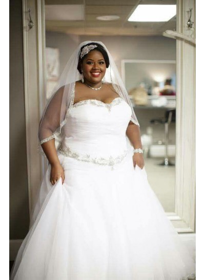 2024 A-Line Wedding Dresses Sweetheart Pleated White Tulle Plus Size