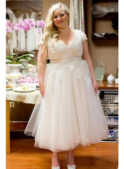 2024 A-Line Wedding Dresses Tulle Tea Length Capped Sleeves Lace Plus Size Short