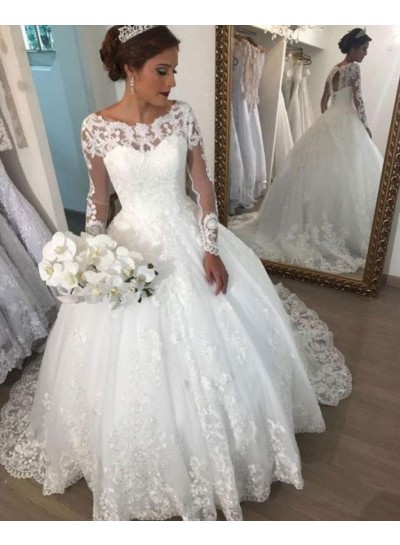 2024 Amazing Wedding Dresses White Long Sleeves Bateau Lace Ball Gown
