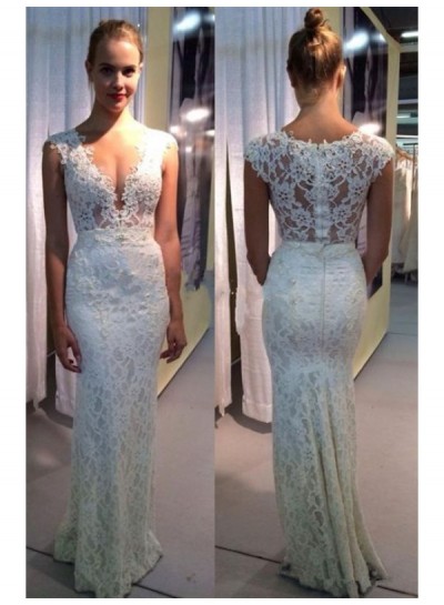2024 Sheath Column Wedding Dresses Lace Open Front Floor Length Cheap