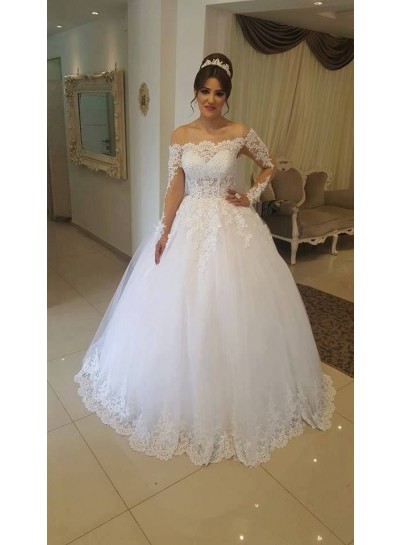 2024 New Arrival Wedding Dresses White Long Sleeves Off Shoulder Lace Ball Gown