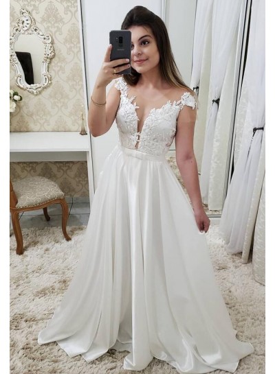 2023 New Arrival Wedding Dresses A-Line Satin Capped Sleeves Open Front Beach With Appliques