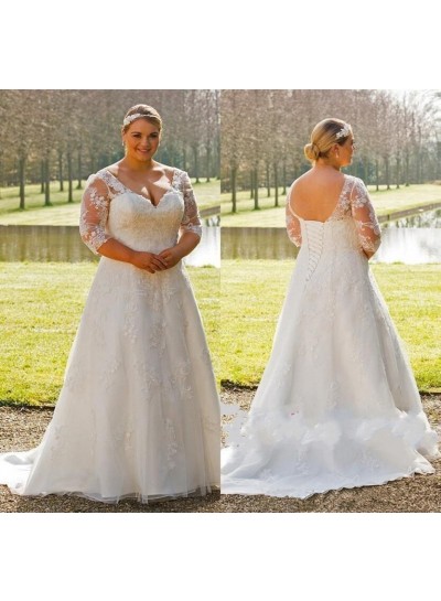 2024 New Arrival Wedding Dresses A-Line Long Sleeves Lace Up Plus Size With Appliques