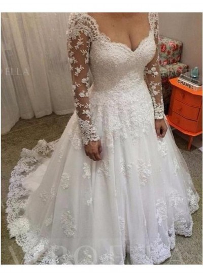 2024 Wedding Dresses A-Line Sweetheart Long Sleeves Lace Elegant
