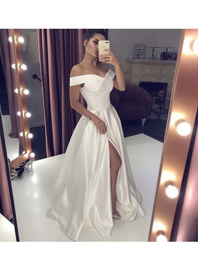 2023 New Arrival Wedding Dresses A-Line Side Slit Satin Off Shoulder Sweetheart Cheap