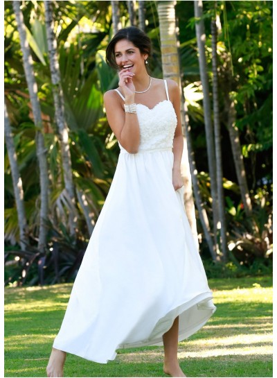 2023 A-Line Wedding Dresses Sweetheart Spaghetti Straps White Tea Length Short