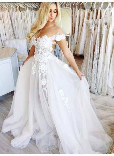 2024 A-Line Wedding Dresses Off Shoulder Tulle Sweetheart Lace Beach