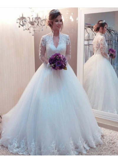 2024 Classic Wedding Dresses Long Sleeves High Neck Lace Ball Gown
