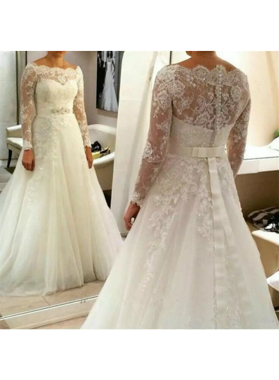 2024 New Arrival Wedding Dresses A-Line Long Sleeves Off Shoulder Belt Lace Tulle