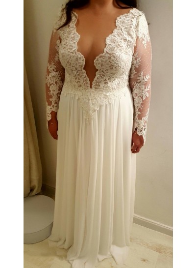 2023 Wedding Dresses A-Line Chiffon Long Sleeves Open Front Lace Beach