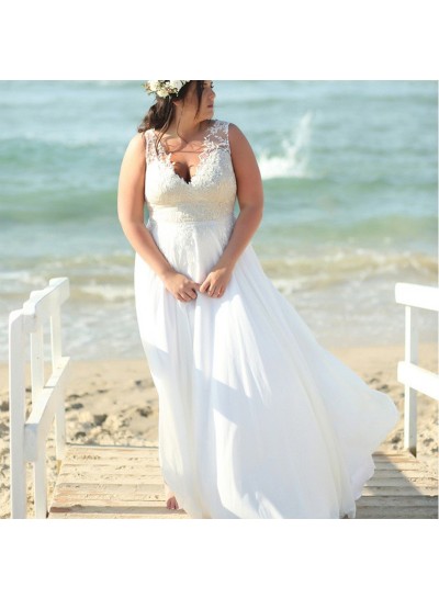 2024 A-Line Wedding Dresses Chiffon V-Neck Plus Size Lace Beach