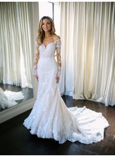 2024 Sheath Column Wedding Dresses Long Sleeves Sweetheart Long Lace