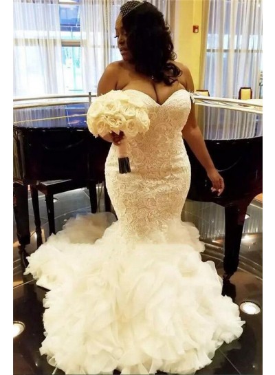 2024 Wedding Dresses Alluring Mermaid Sweetheart Lace Ruffles Long Plus Size 