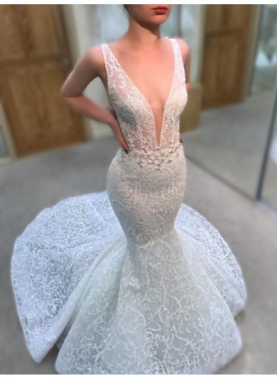 2024 Mermaid New Wedding Dresses White V-Neck Open Front Backless Lace