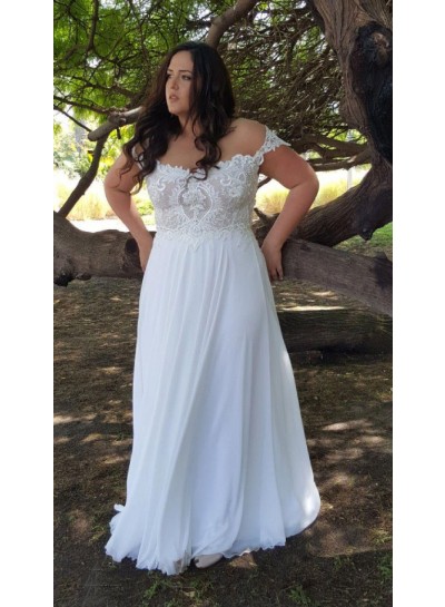 2024 A-Line Wedding Dresses Chiffon Off Shoulder Floor Length Plus Size Lace Beach