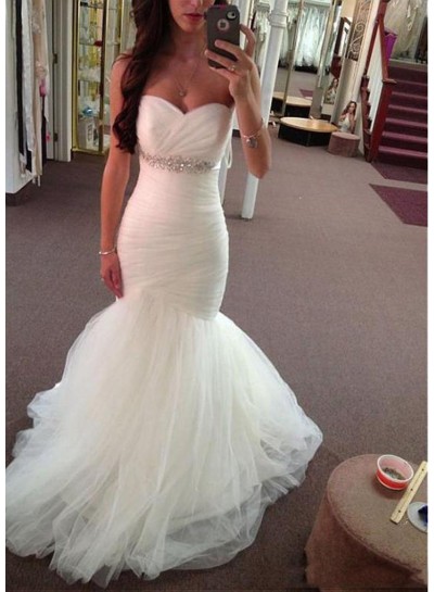 2023 Wedding Dresses Mermaid Sweetheart Beaded Tulle Pleated