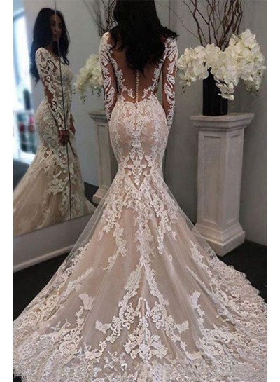 2023 Mermaid New Wedding Dresses Long Sleeves See Through Back Sweetheart Long Lace