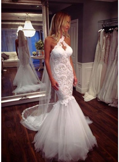 2023 Mermaid New Wedding Dresses Tulle High Neck Lace With Tulle