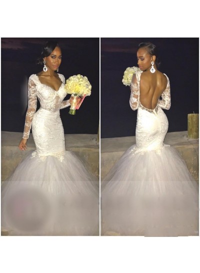 2024 Mermaid Sexy Wedding Dresses Backless Long Sleeves Sweetheart Tulle Lace