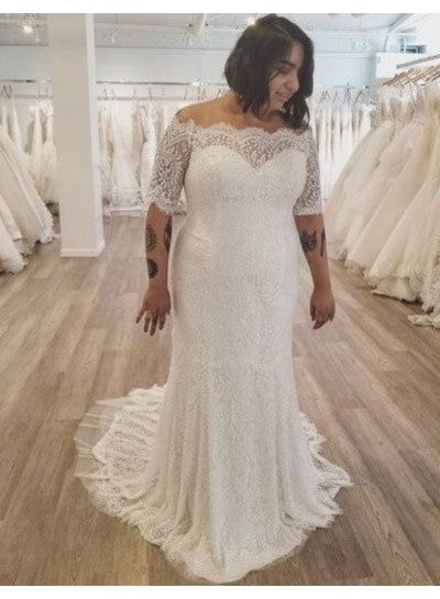 2024 Newly Sheath Wedding Dresses Off Shoulder Lace Long Sleeves Plus Size