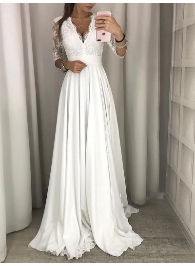 2023 A-Line Wedding Dresses Long Sleeves Chiffon Lace V-Neck Beach
