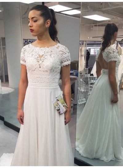 2024 Wedding Dresses A-Line Capped Sleeves Scoop Backless Chiffon Lace Beach