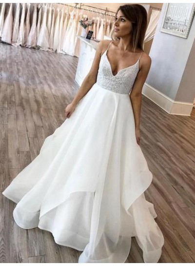 2023 Wedding Dresses A-Line Organza Sweetheart Spaghetti Straps Lace
