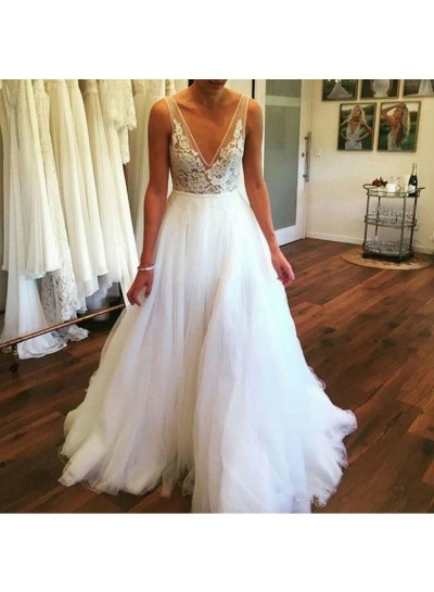 2024 Wedding Dresses A-Line V-Neck Lace Tulle Beach