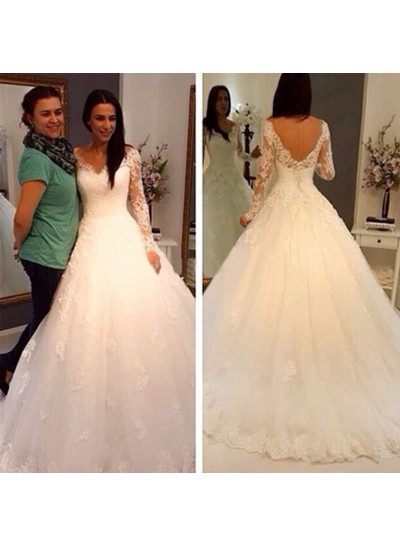 2024 Vintage Wedding Dresses Long Sleeves V-Neck Backless Tulle Lace Ball Gown