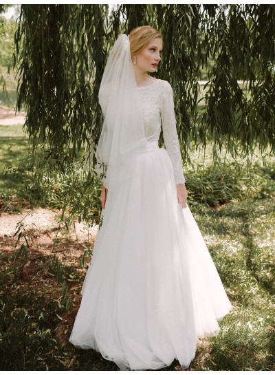 2023 A-Line Wedding Dresses Long Sleeves Scoop Tulle White Lace