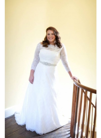 2024 A-Line Wedding Dresses White Long Sleeves Off Shoulder Beaded Sash Lace Plus Size