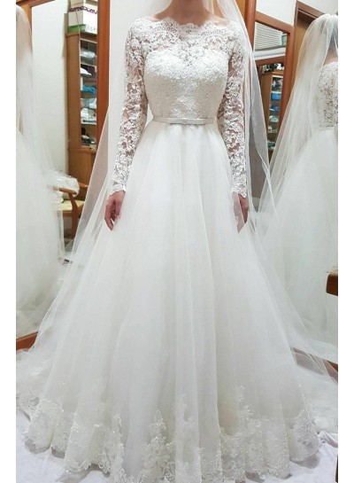 2024 New Arrival Wedding Dresses A-Line Long Sleeves Off Shoulder Lace Belt Vintage