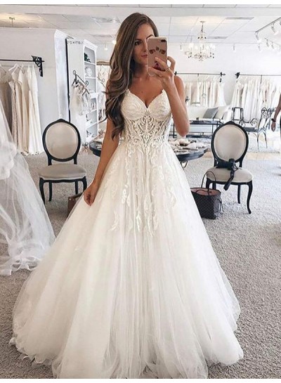 2024 New Arrival Wedding Dresses A-Line Tulle Sweetheart Lace Halter With Appliques
