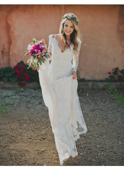 2024 Elegant Wedding Dresses Long Sleeves Sheath Lace V-Neck Beach
