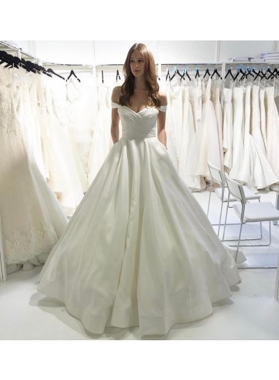 2024 Wedding Dresses Satin Off Shoulder Sweetheart Pleated Ball Gown