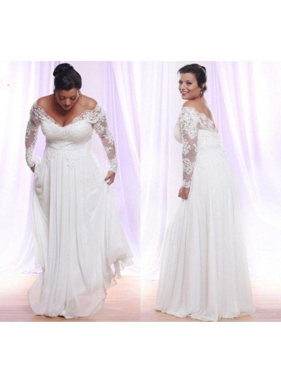 2022 Cheap A-Line Wedding Dresses Chiffon Off Shoulder Long Sleeves lace Plus Size